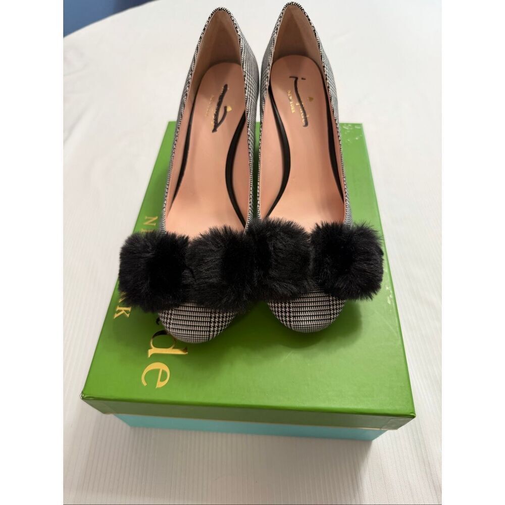 Kate Spade New York Women’s Carine Black White Pom Pom Heels Pumps Size 7 M